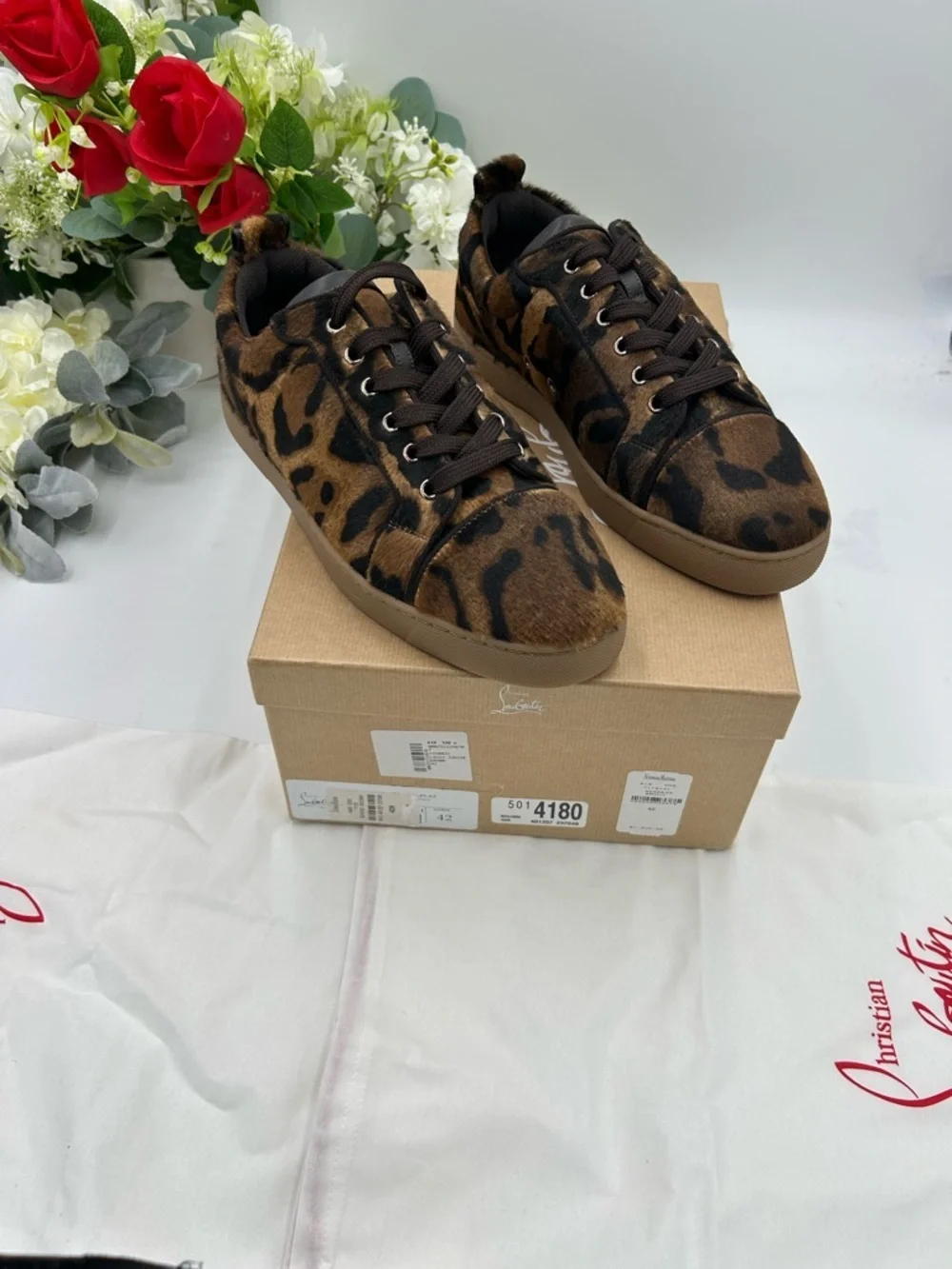 Men's Christian Louboutin Louis Jr leopard effect low top sneakers size 42